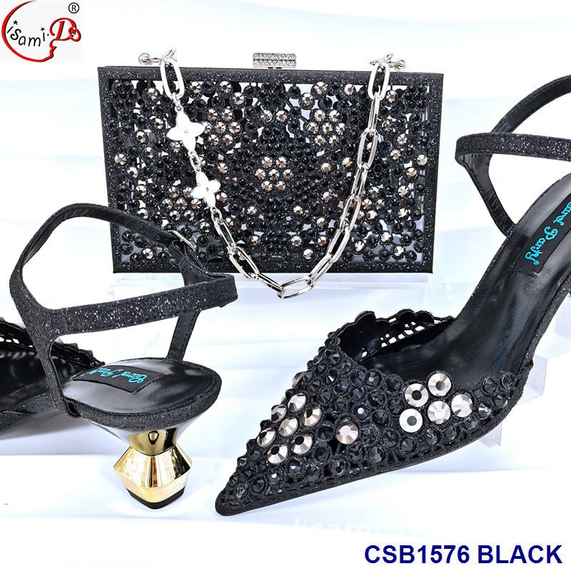 晚装配搭尖头镶钻镂空高跟鞋配水钻手挽盒子包套装 shoes and bag