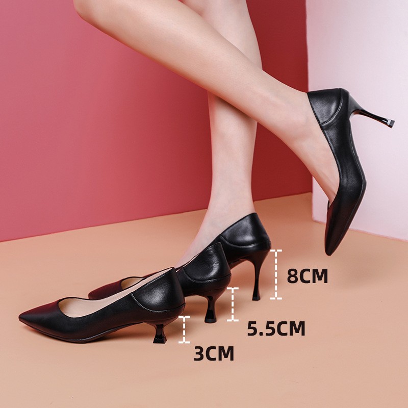 新款羊皮高跟鞋女2021简约正装黑色工作鞋浅口尖头细跟女鞋8cm潮